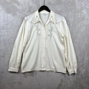 Vintage Fidelio Embroidered Ivory Button-Up Blouse Size L Long Sleeve Floral